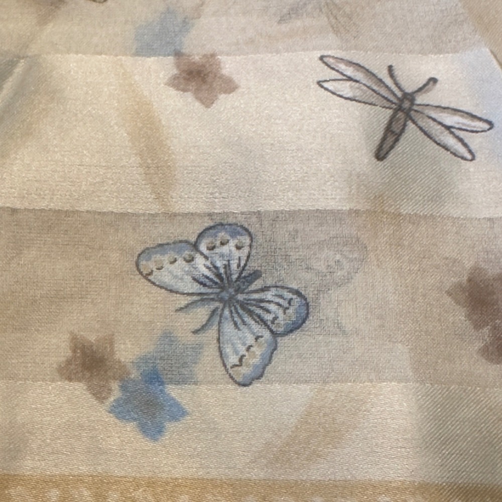 Made Italy Butterfly Dragonfly Striped Square Scarf Cream Tan Blue Cottagecore - Picture 3 of 7